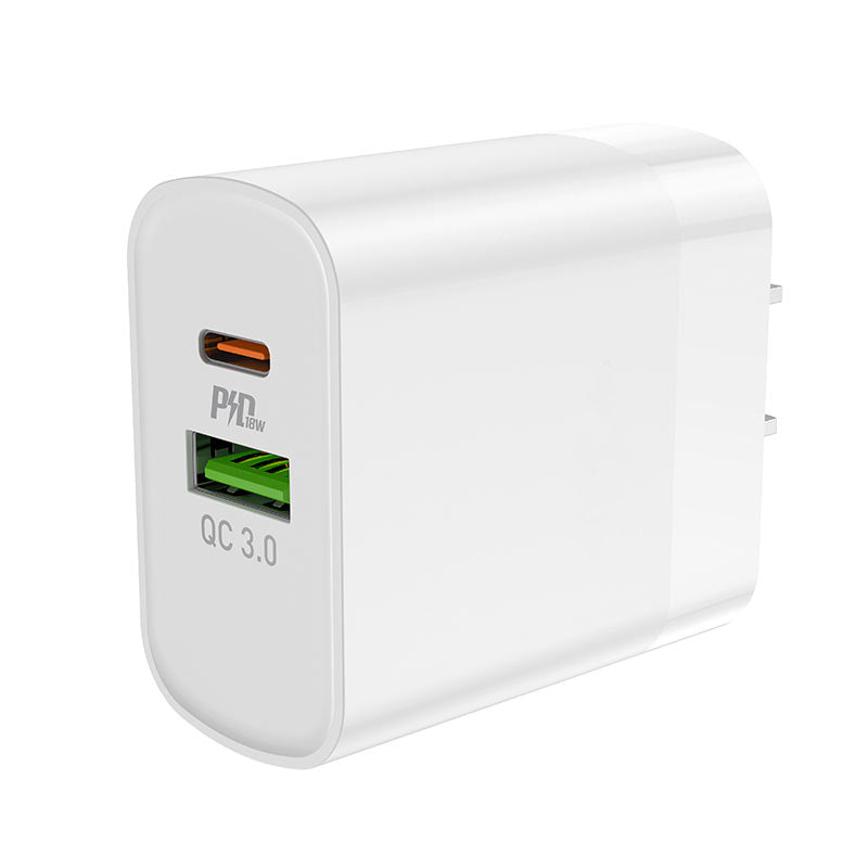 Chargeur mural rapide QC3.0 18 W USB-A et USB-C à double port Chargeur mural rapide QC3.0 18 W USB-A et USB-C à double port